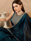Blue Satin Solid With Sequenced Border Saree with Unstitched Fancy Blouse