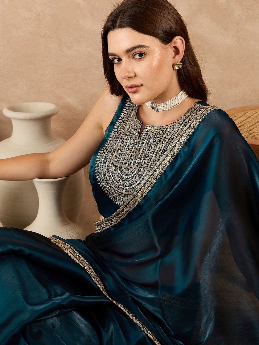 Blue Satin Solid With Sequenced Border Saree with Unstitched Fancy Blouse