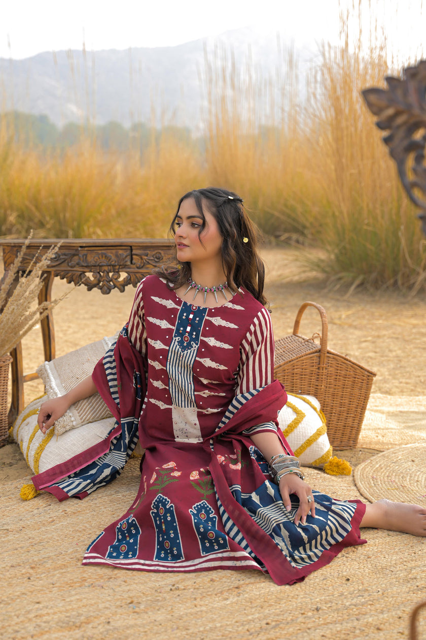 Red Pure Cotton Ajrakh Printed A-Line Kurta Trouser With Dupatta