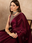 Maroon Satin Solid With Sequenced Lace Saree with Unstitched Fancy Blouse