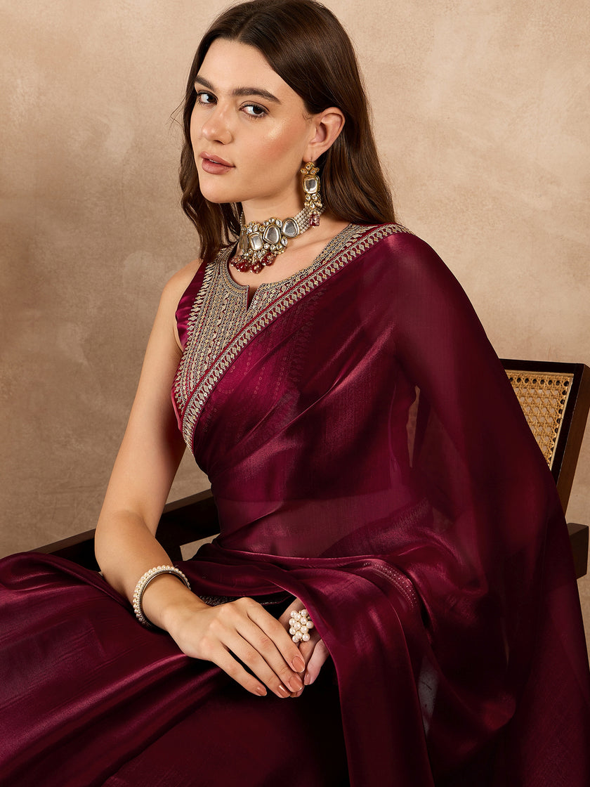 Maroon Satin Solid With Sequenced Lace Saree with Unstitched Fancy Blouse