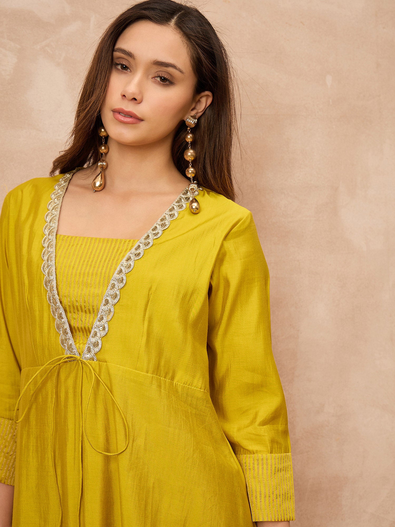 Yellow Silk Blend Solid A-Line Kurta Trouser