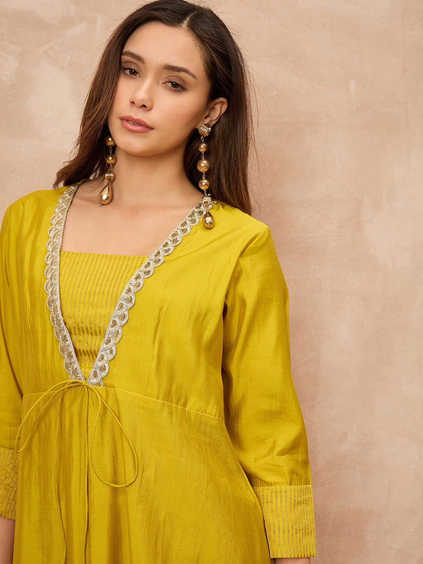 Yellow Silk Blend Solid A-Line Kurta Trouser