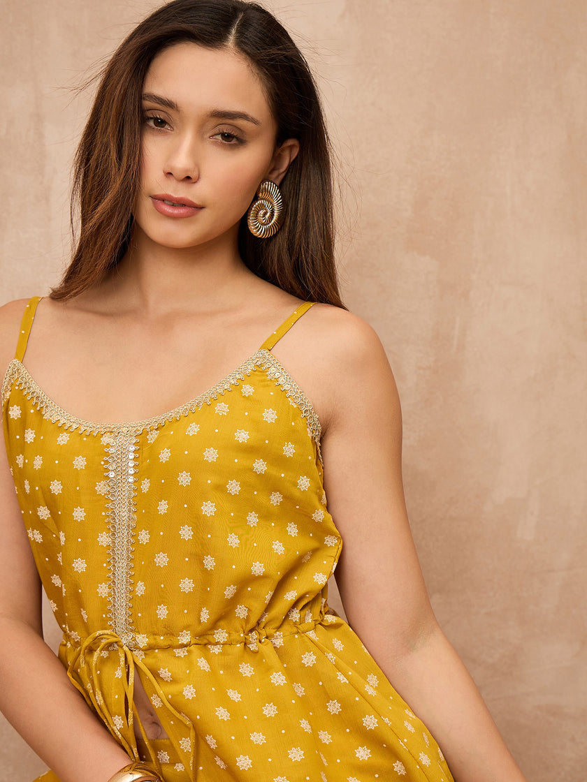Yellow Silk Blend Printed A-Line Kurta Palazzo