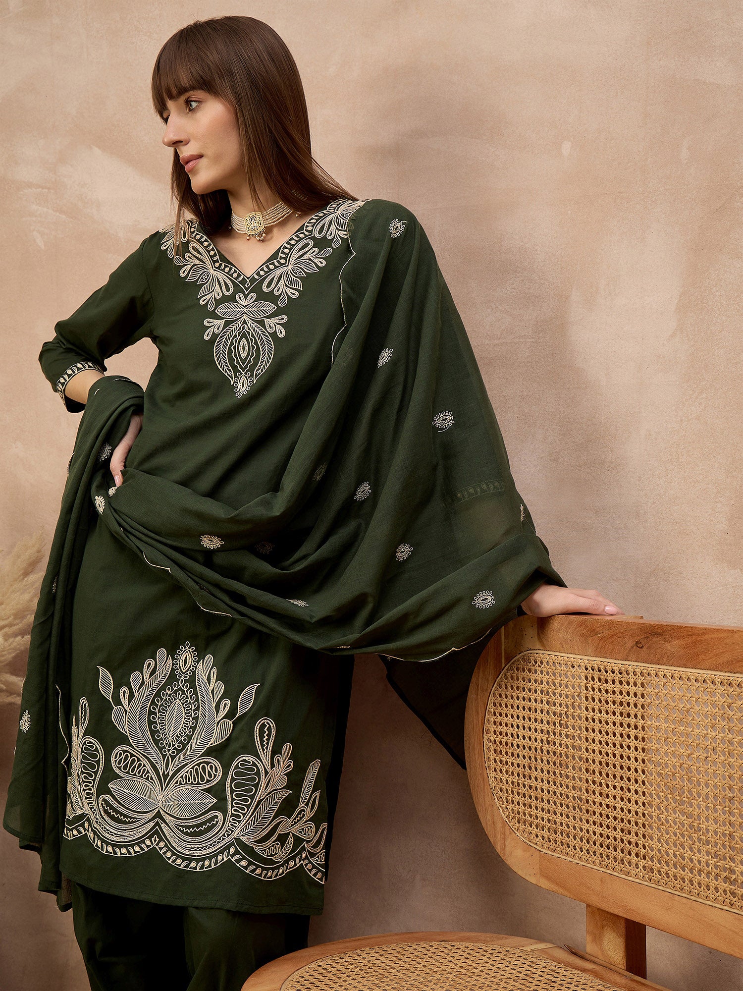 Green Pure Cotton Embroidered A-Line Kurta Trouser With Embroidered Dupatta