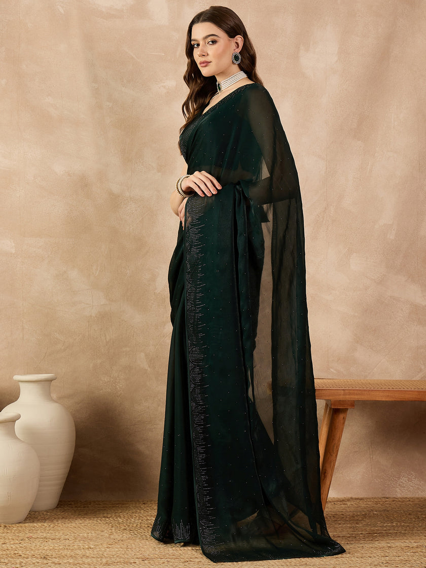 Green Georgette Solid With Stone Work Border Saree with Unstitched Fancy Blouse