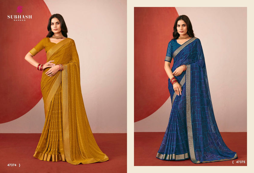 Riviera-29 : Printed Gerorgette with Gold jari Border Saree with Designer Printed Blouse