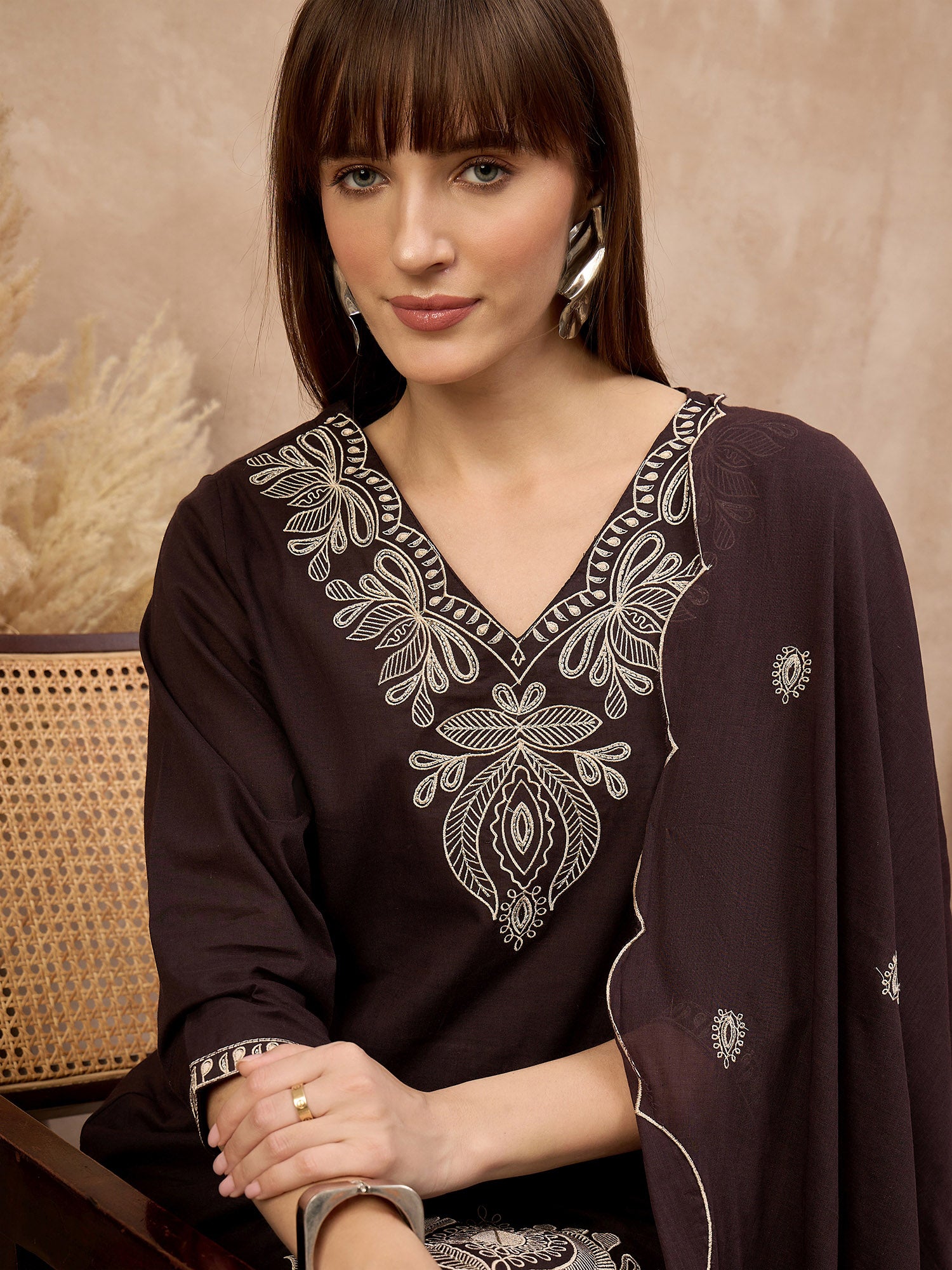 Brown Pure Cotton Embroidered A-Line Kurta Trouser With Embroidered Dupatta