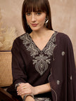 Brown Pure Cotton Embroidered A-Line Kurta Trouser With Embroidered Dupatta