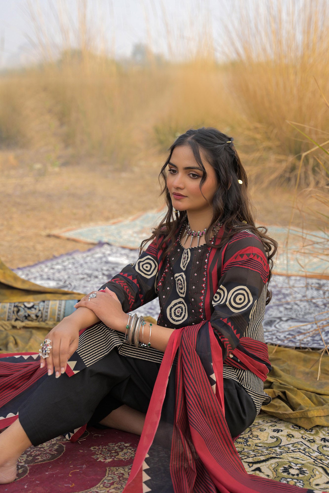 Red Pure Cotton Ajrakh Printed A-Line Kurta Trouser With Dupatta