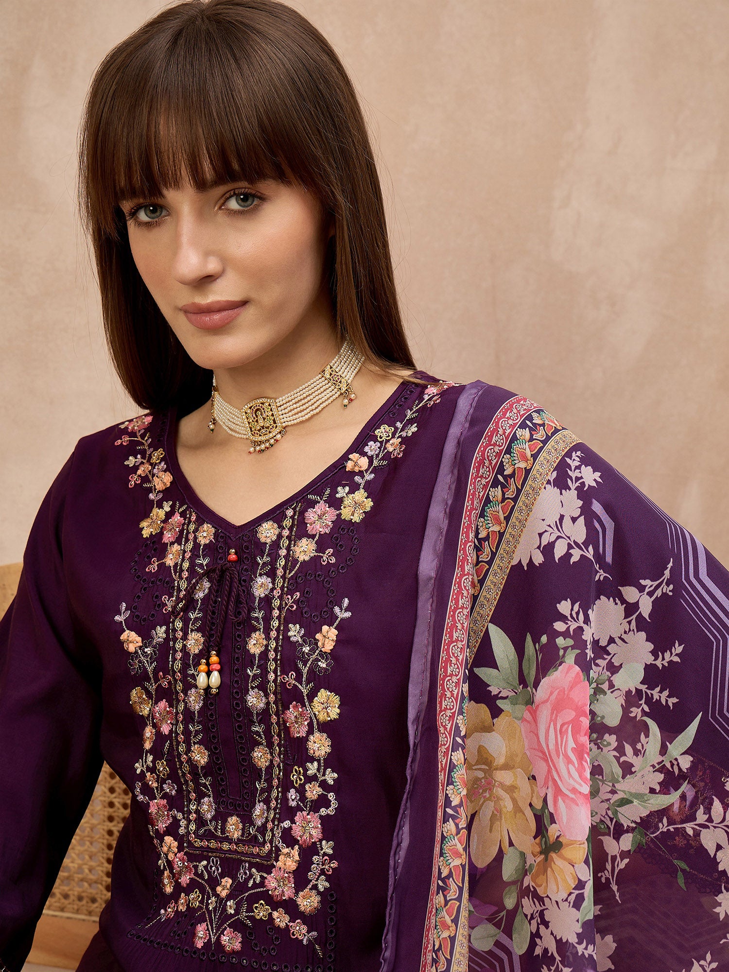 Purple Pure Cotton Beads & Stone Embroidered A-Line Kurta Trouser With Printed Dupatta
