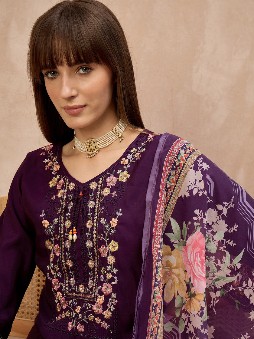 Purple Pure Cotton Beads & Stone Embroidered A-Line Kurta Trouser With Printed Dupatta