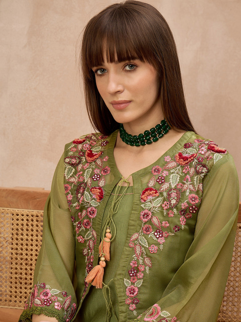 Olive Pure Cotton Solid A-Line Kurta Trouser With Floral & Mirror Embroidered Shrug
