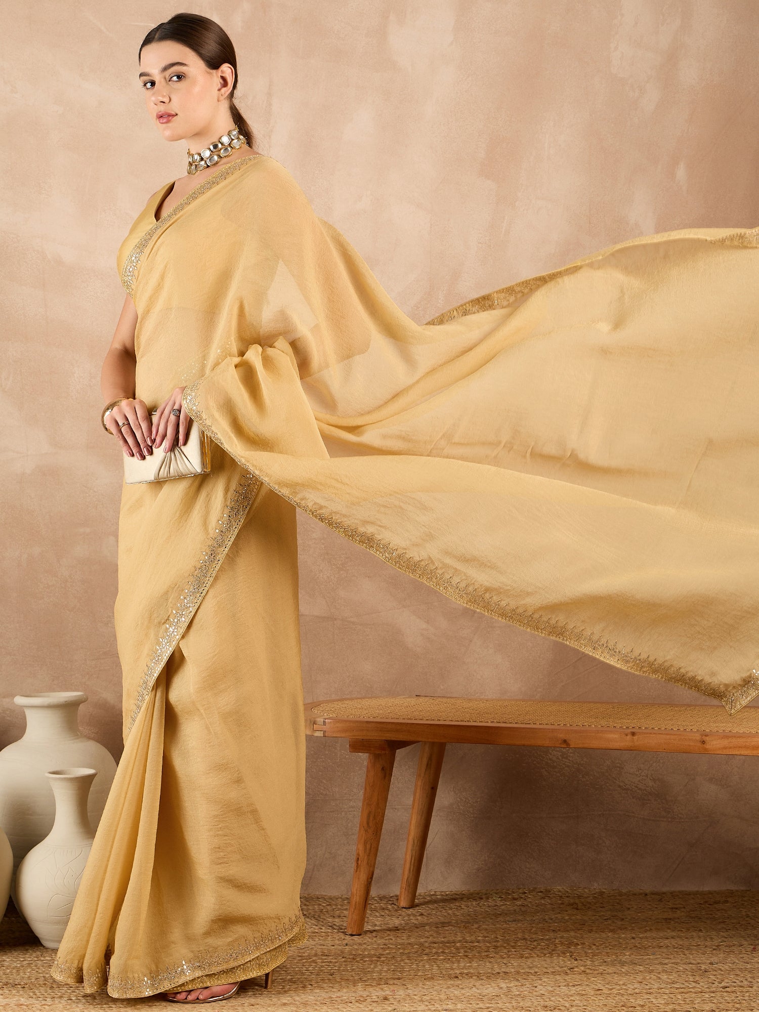 Lemon Organza Solid With Embroidered Border Saree with Unstitched Fancy Blouse