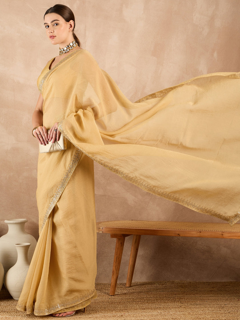 Lemon Organza Solid With Embroidered Border Saree with Unstitched Fancy Blouse