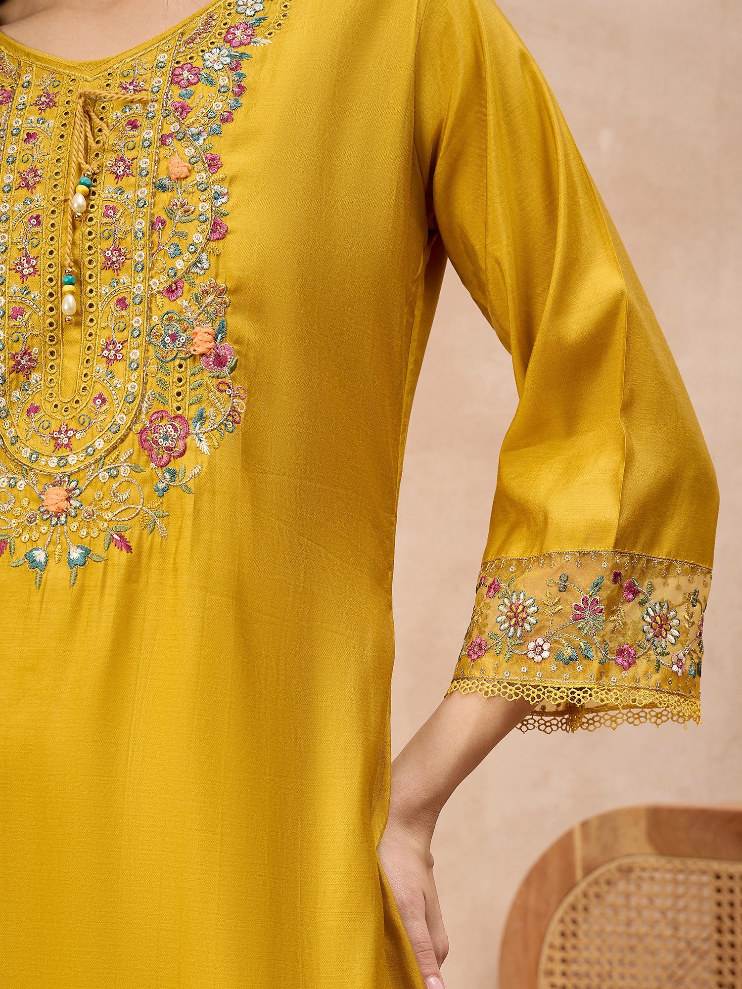 Gold Pure Cotton Beads & Stone Embroidered A-Line Kurta Trouser With Printed Dupatta