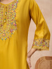 Gold Pure Cotton Beads & Stone Embroidered A-Line Kurta Trouser With Printed Dupatta