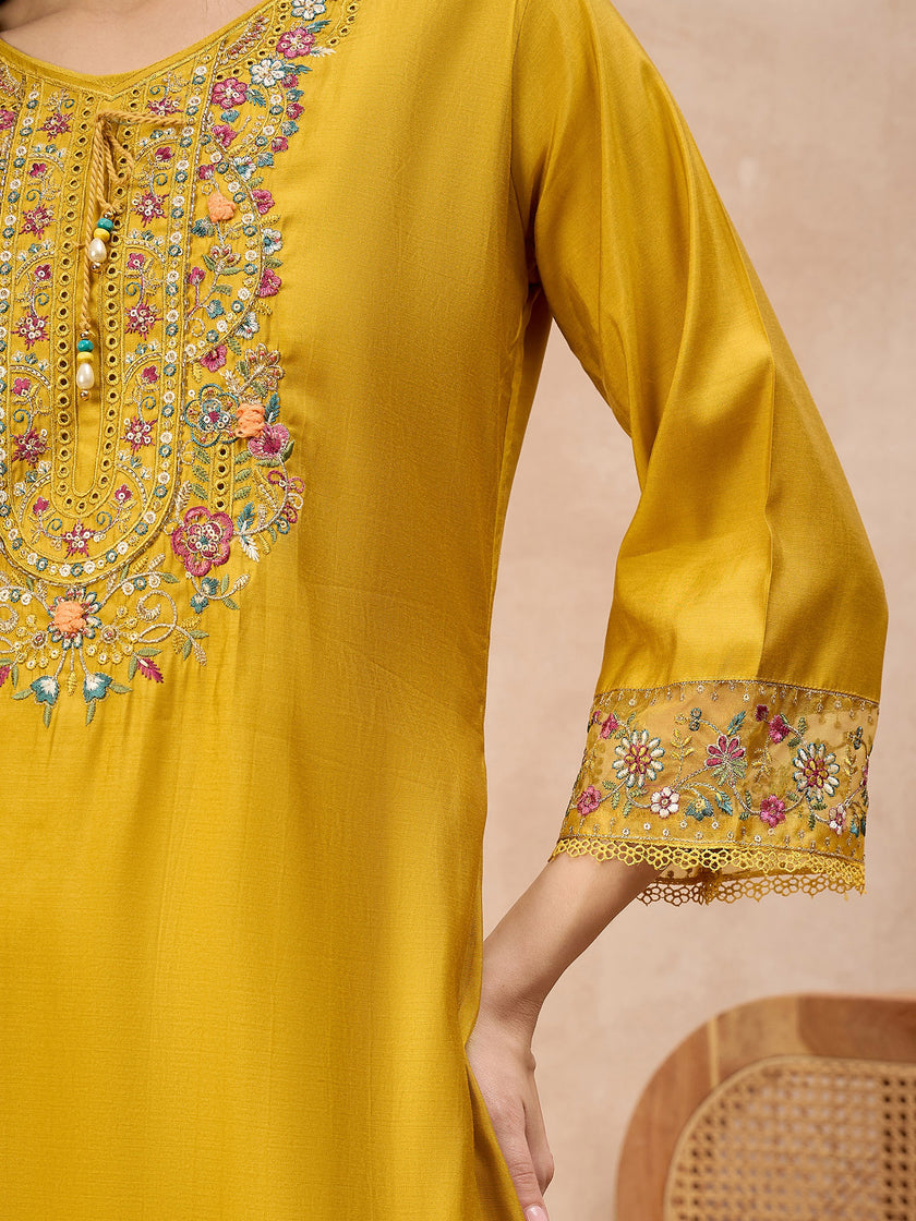 Gold Pure Cotton Beads & Stone Embroidered A-Line Kurta Trouser With Printed Dupatta