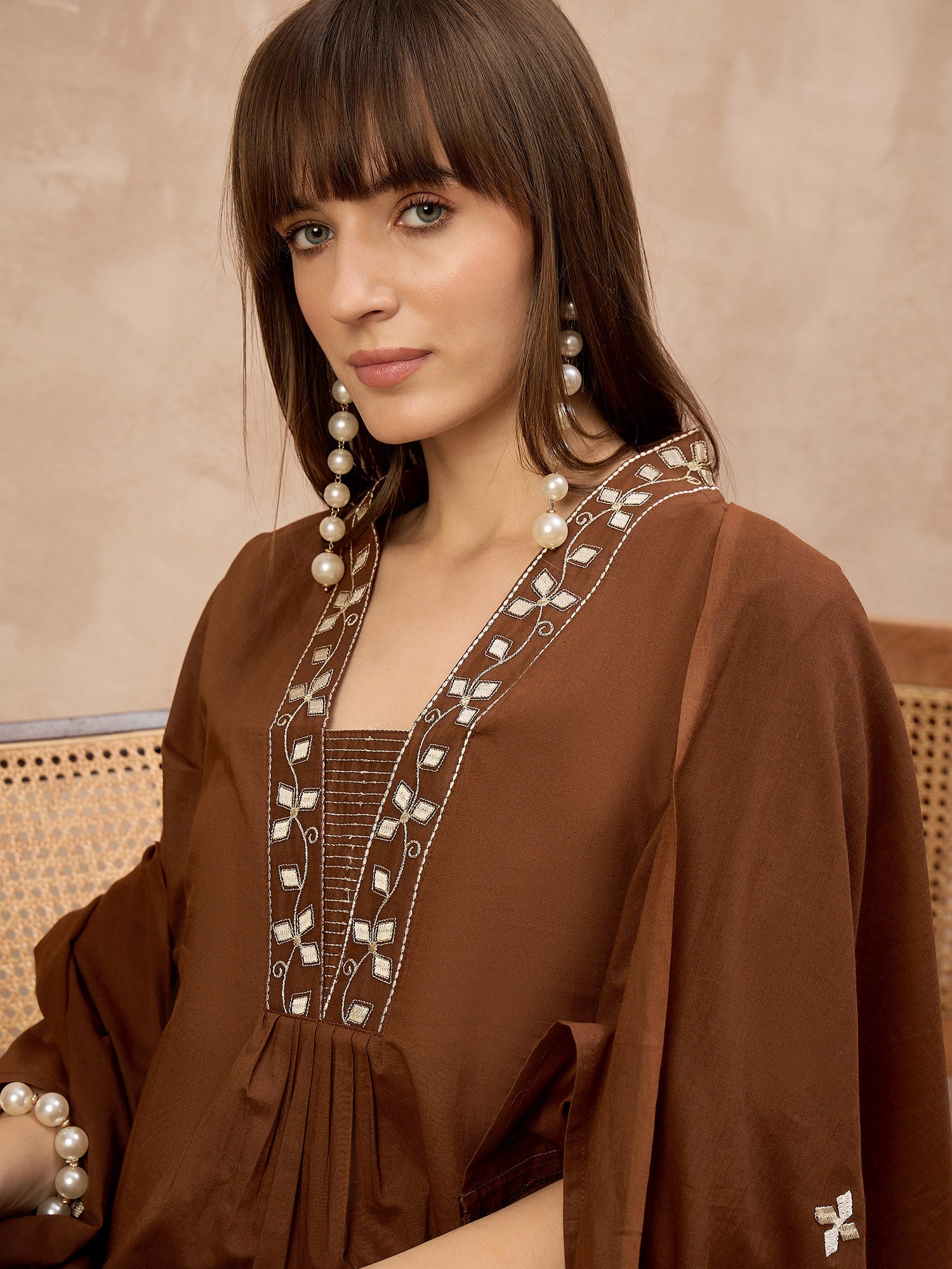 Brown Pure Cotton Geometric Embroidered A-Line Kurta Trouser With Dupatta
