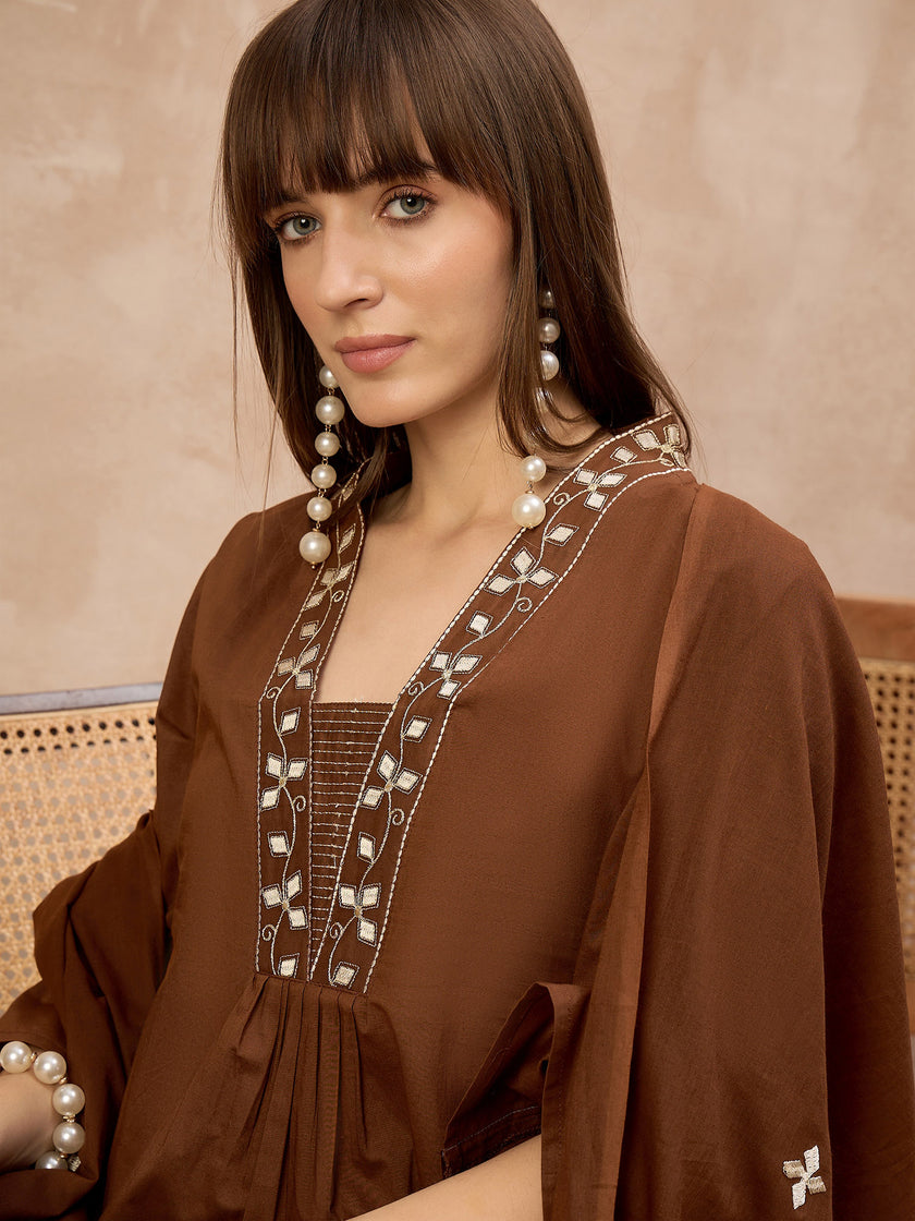 Brown Pure Cotton Geometric Embroidered A-Line Kurta Trouser With Dupatta