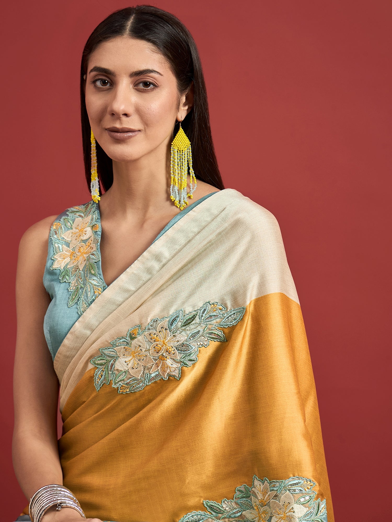 Multi Satin Digital Embroidered Woven Design  Saree with Unstitched Fancy Blouse