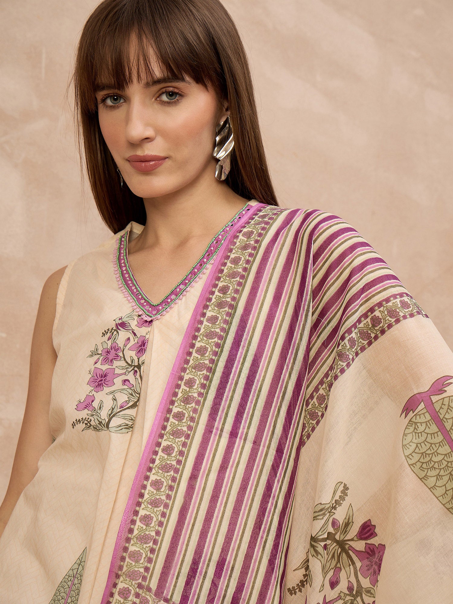 Multi Pure Cotton Floral Printed A-Line Sleeveless Kurta Trouser With Printed Dupatta
