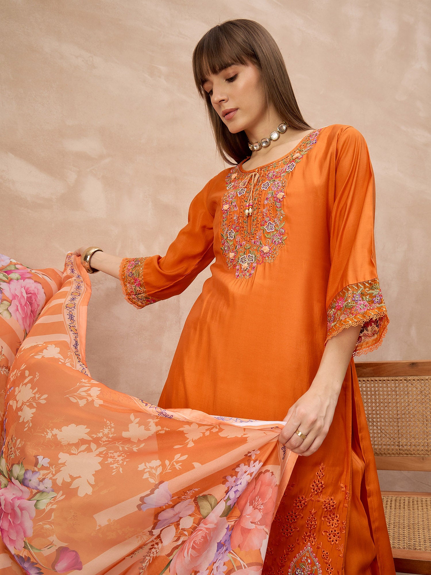 Orange Pure Cotton Beads & Stone Embroidered A-Line Kurta Trouser With Printed Dupatta