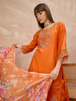 Orange Pure Cotton Beads & Stone Embroidered A-Line Kurta Trouser With Printed Dupatta