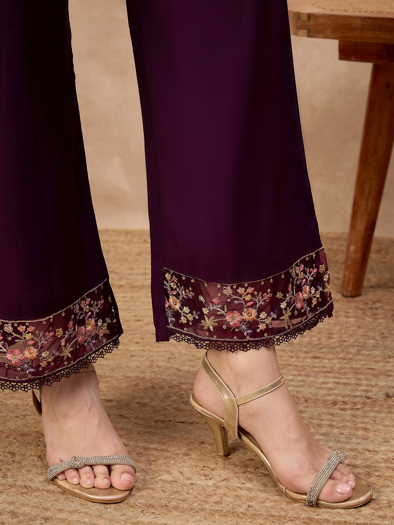 Purple Pure Cotton Beads & Stone Embroidered A-Line Kurta Trouser With Printed Dupatta