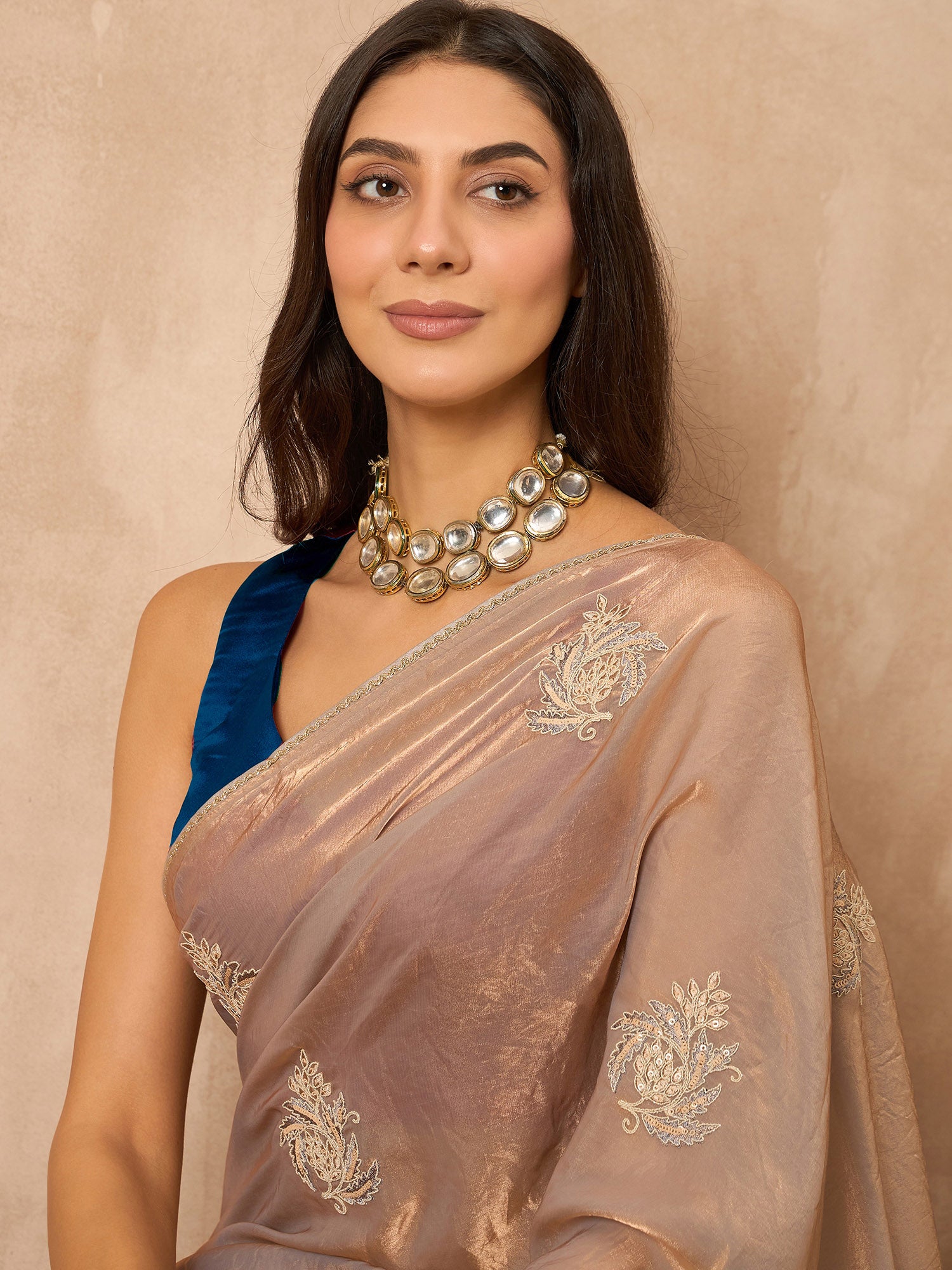 Beige Satin Solid with Coding Border Saree with Unstitched Blouse