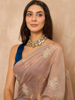 Beige Satin Solid with Coding Border Saree with Unstitched Blouse