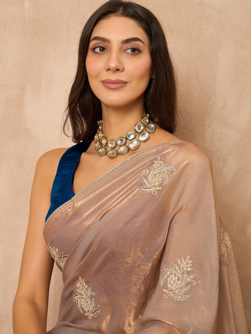 Beige Satin Solid with Coding Border Saree with Unstitched Blouse