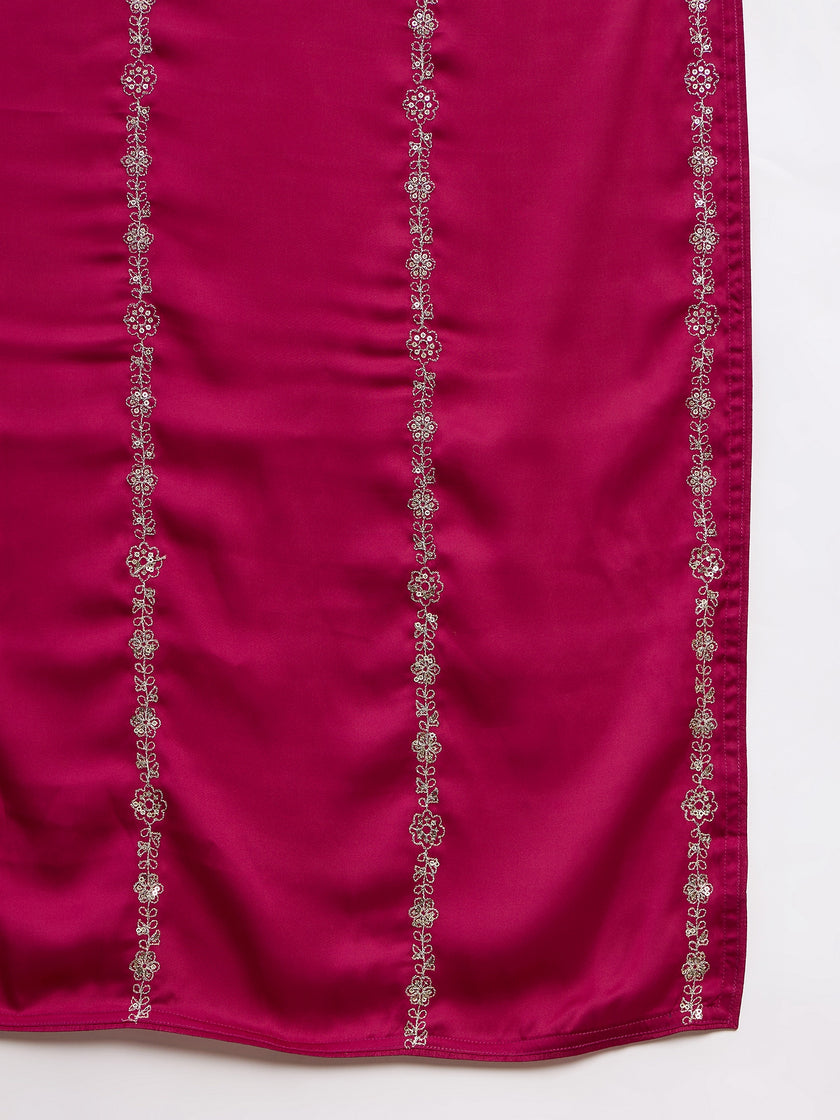 Magenta Satin Stripped Silver Jari Work  Saree with Unstitched Blouse
