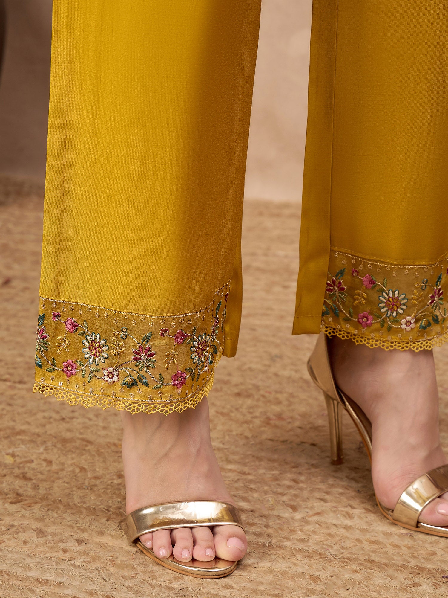 Gold Pure Cotton Beads & Stone Embroidered A-Line Kurta Trouser With Printed Dupatta