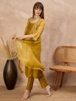 Mustard Pure Cotton Solid A-Line Kurta Trouser With Floral & Mirror Embroidered Shrug