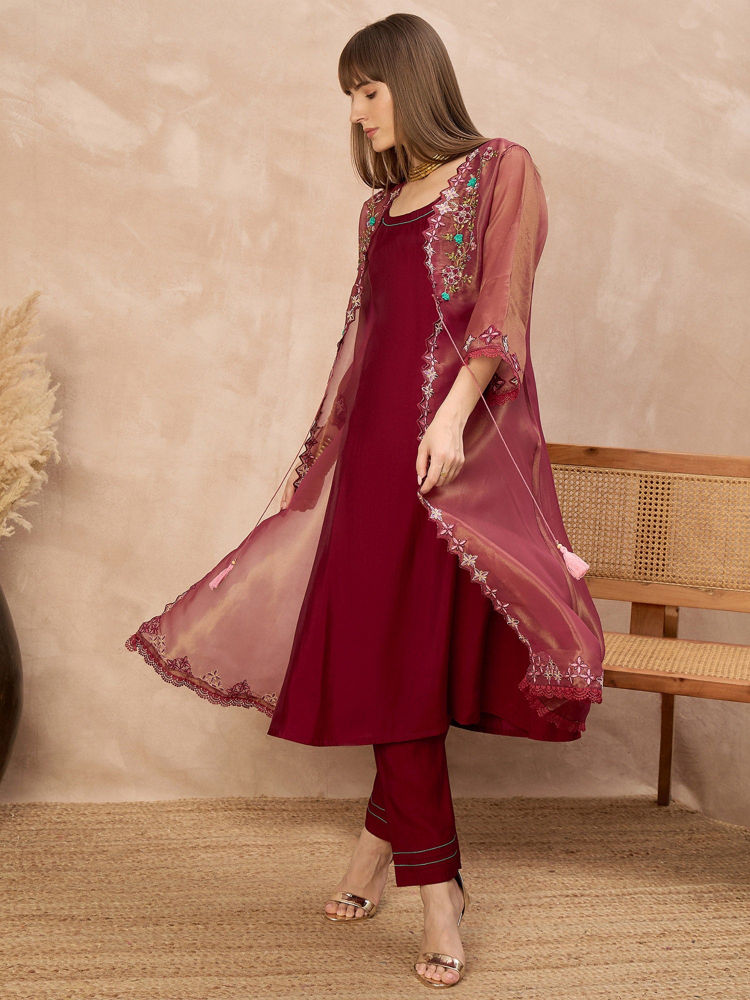 Maroon Pure Cotton Solid A-Line Kurta Trouser With Floral & Mirror Embroidered Shrug