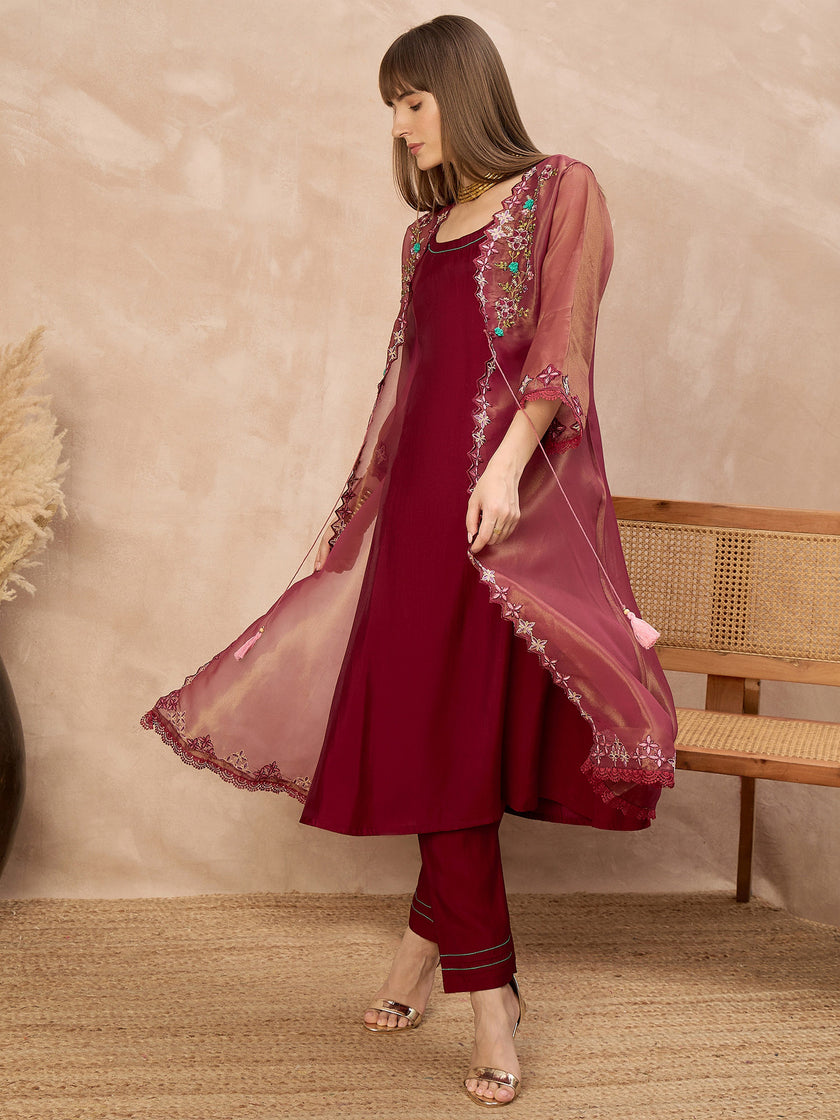 Maroon Pure Cotton Solid A-Line Kurta Trouser With Floral & Mirror Embroidered Shrug