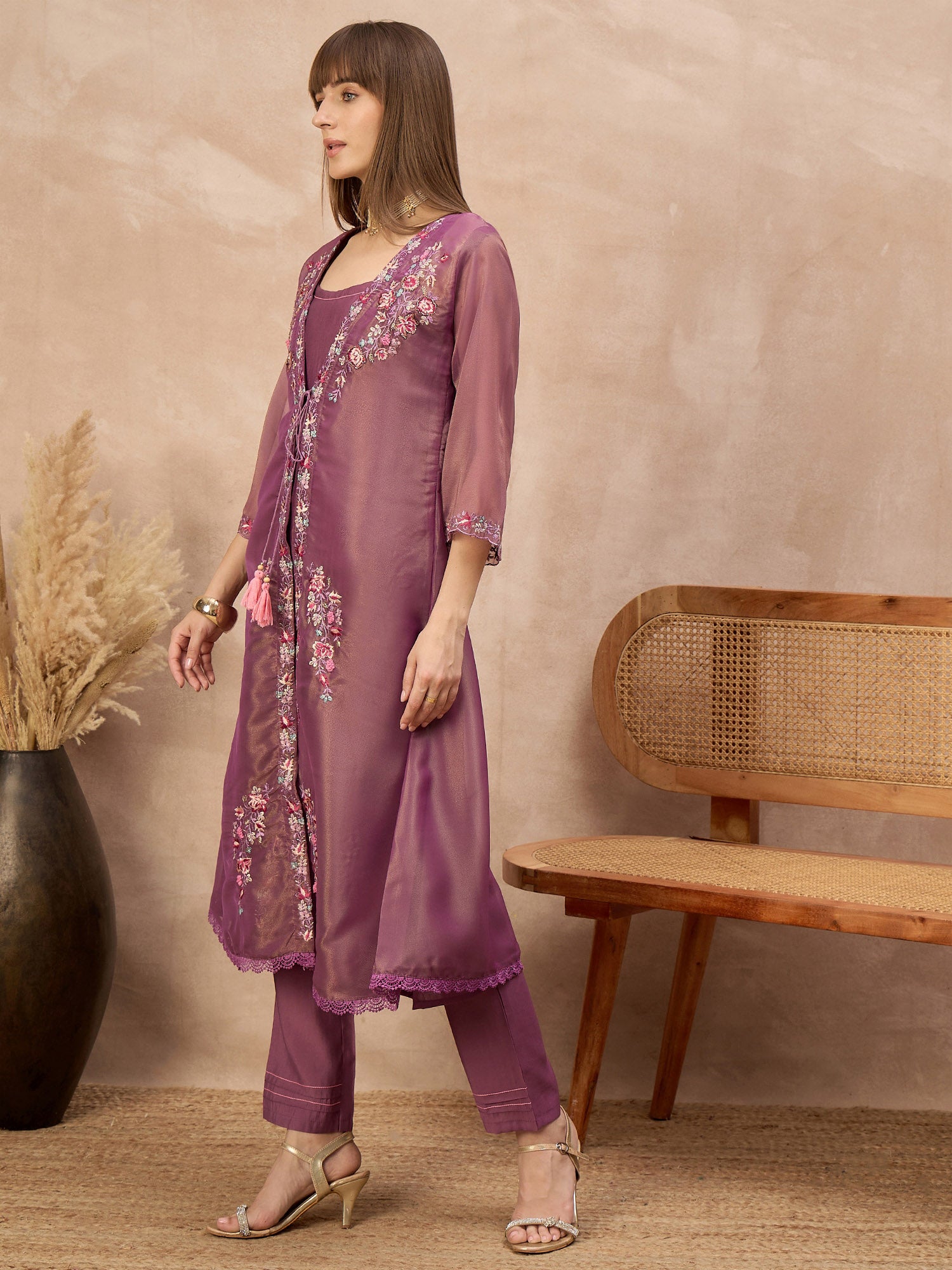 Purple Pure Cotton Solid A-Line Kurta Trouser With Floral & Mirror Embroidered Shrug