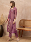 Purple Pure Cotton Solid A-Line Kurta Trouser With Floral & Mirror Embroidered Shrug