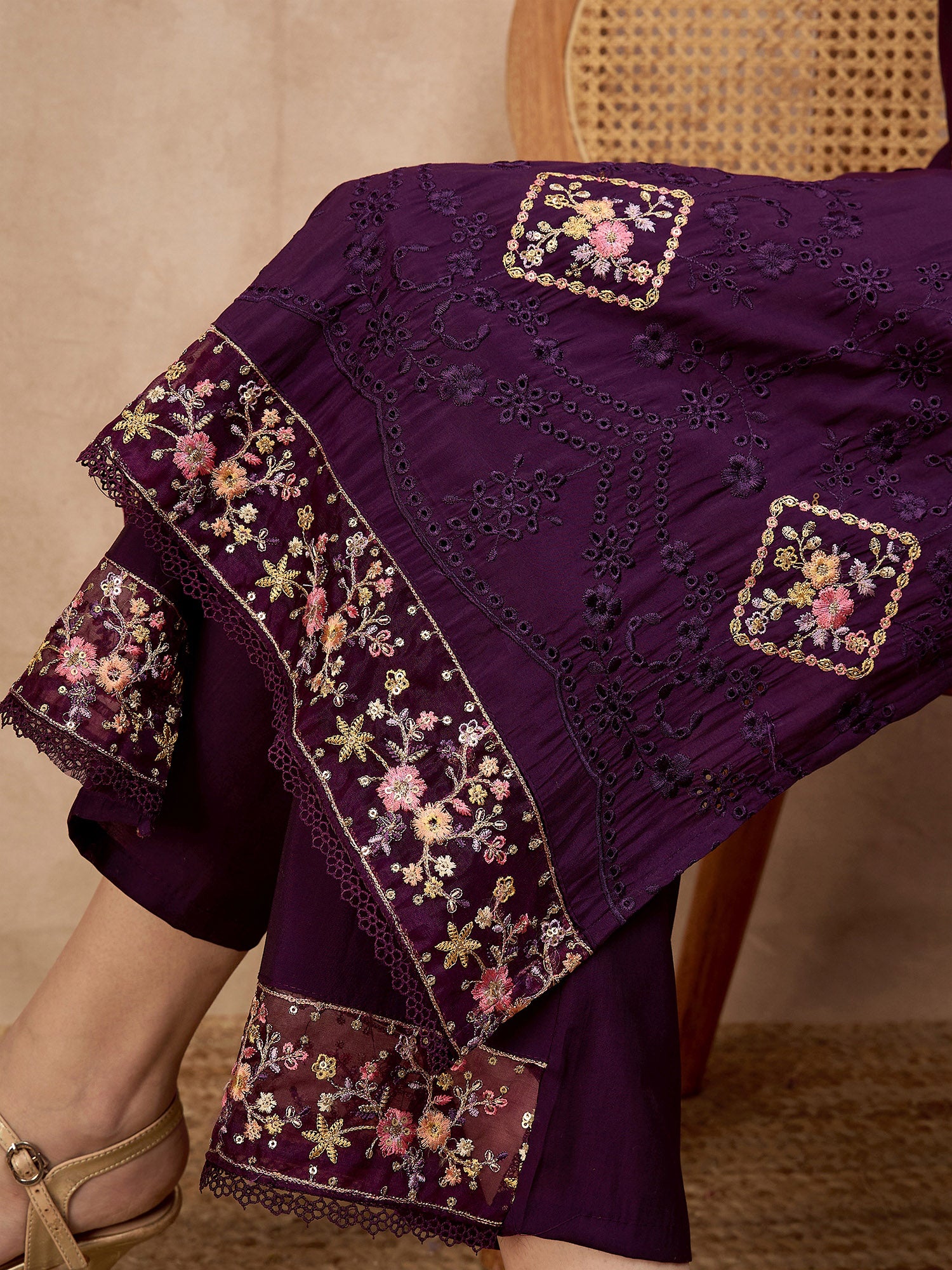 Purple Pure Cotton Beads & Stone Embroidered A-Line Kurta Trouser With Printed Dupatta