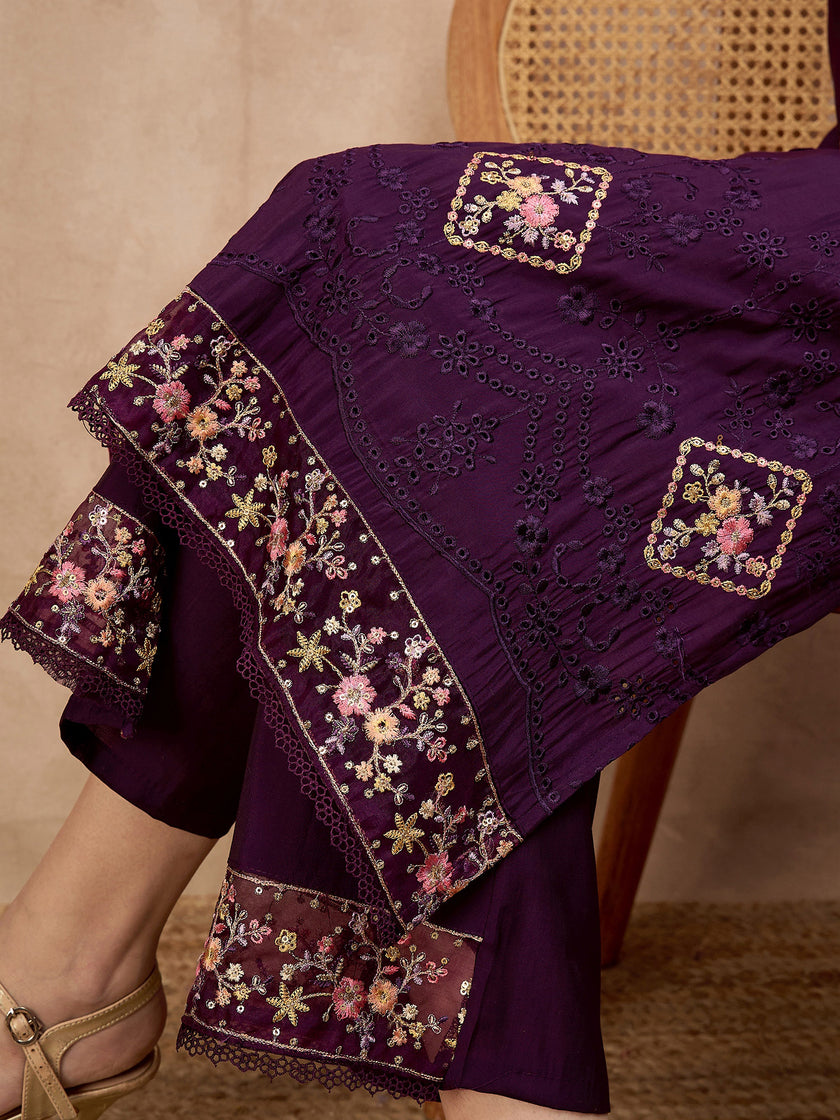Purple Pure Cotton Beads & Stone Embroidered A-Line Kurta Trouser With Printed Dupatta