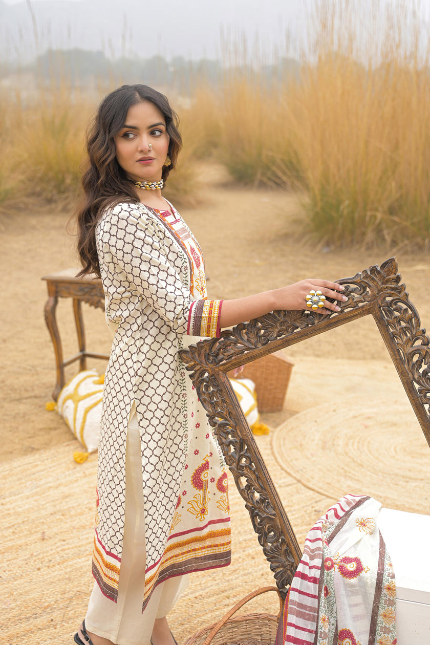 Multi Pure Cotton Ajrakh Printed A-Line Kurta Trouser With Dupatta