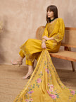 Gold Pure Cotton Beads & Stone Embroidered With Buttons A-Line Kurta Trouser With Printed Dupatta