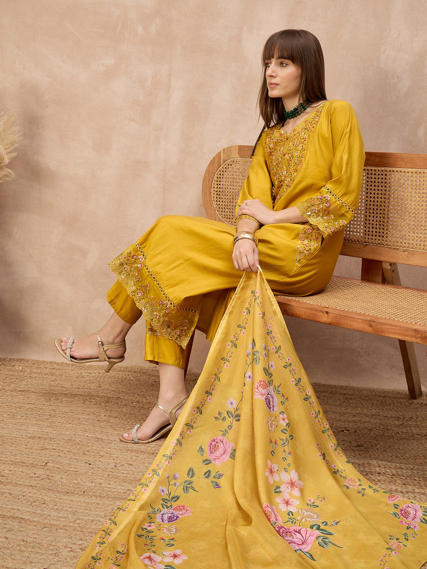 Gold Pure Cotton Beads & Stone Embroidered With Buttons A-Line Kurta Trouser With Printed Dupatta