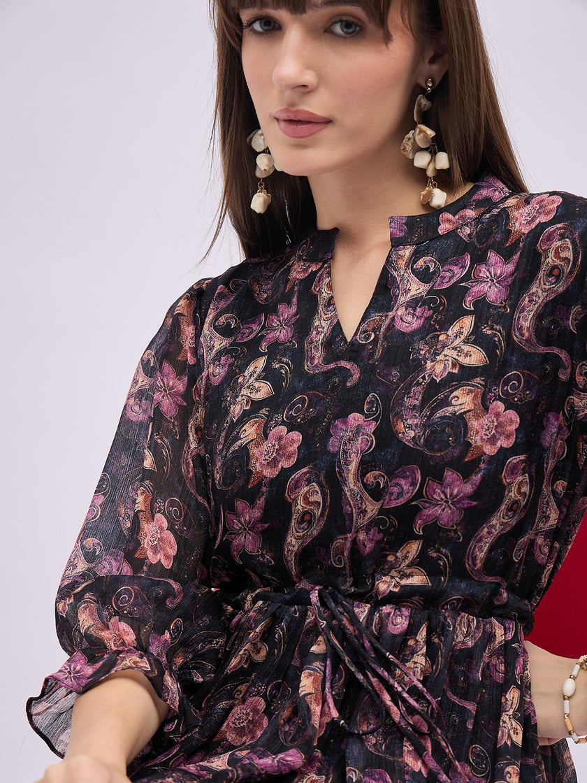 Multi Polyester Printed Fit and Flare Dress