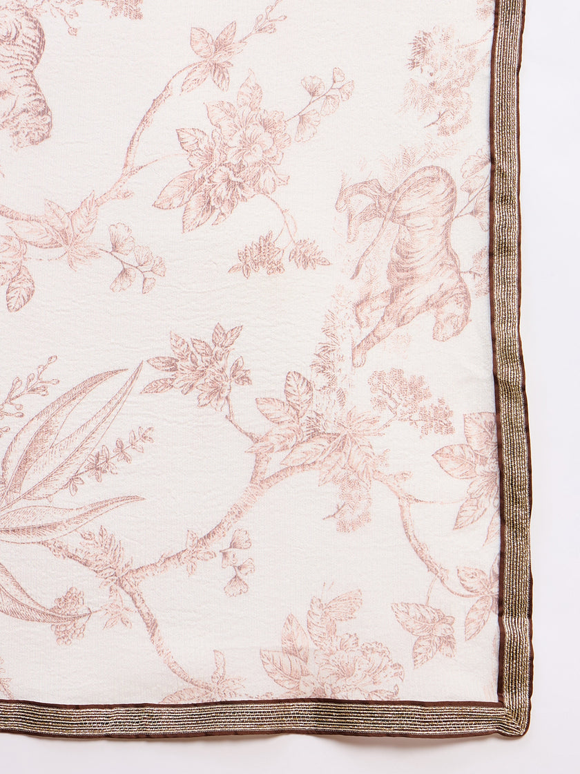 Off-White Pure Chiffon Digital Print With Embellished Lace Saree with Unstitched Blouse