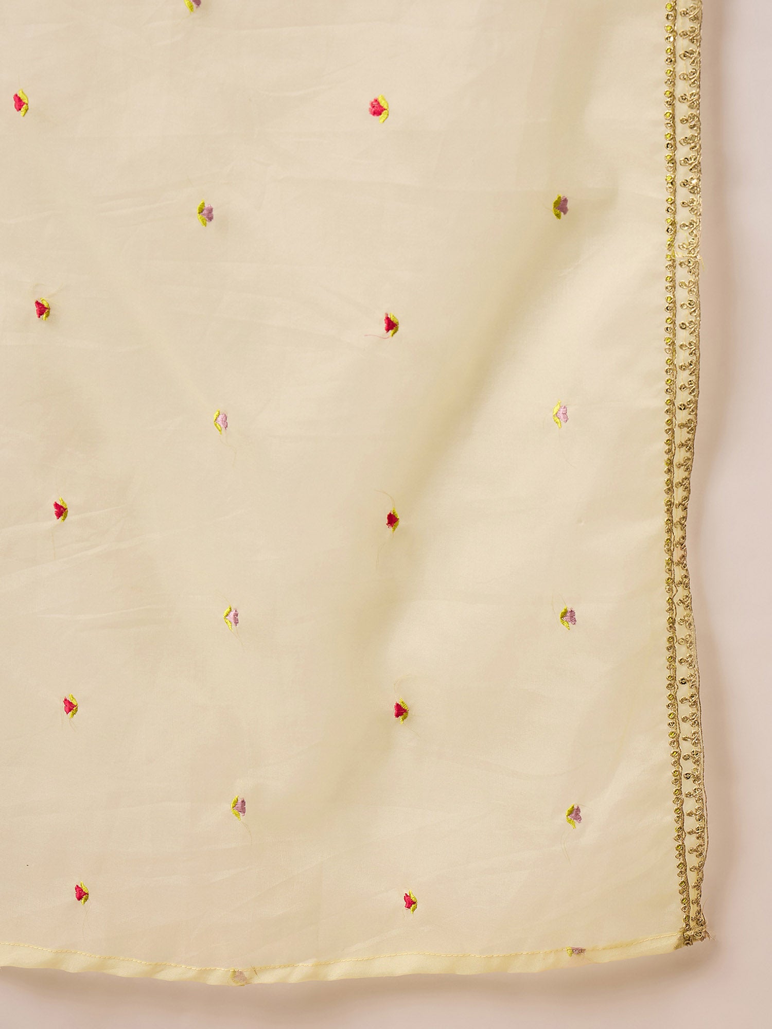 Cream Satin Solid A-Line Kurta Trouser with Dupatta