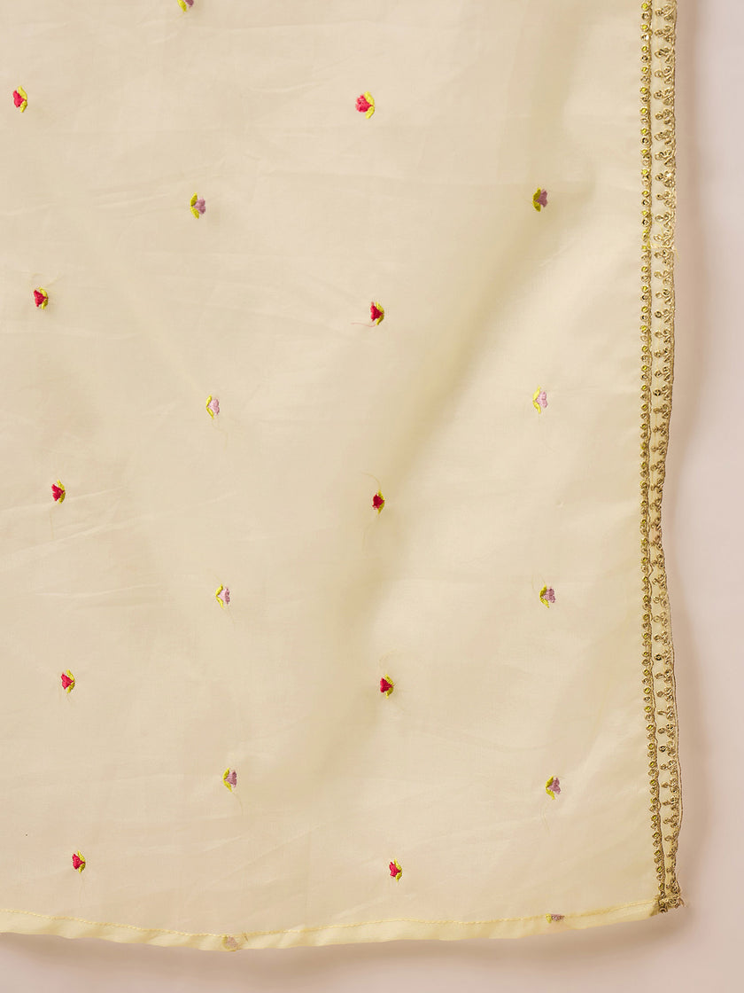 Cream Satin Solid A-Line Kurta Trouser with Dupatta