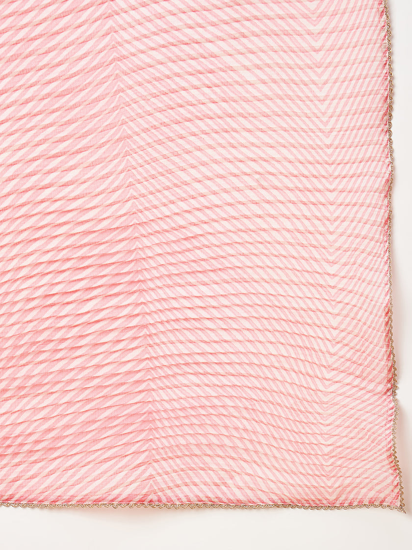 Baby Pink Pure Chiffon Zigzag Pleated Crush Print With Embellished Lace Saree with Unstitched Fancy Blouse