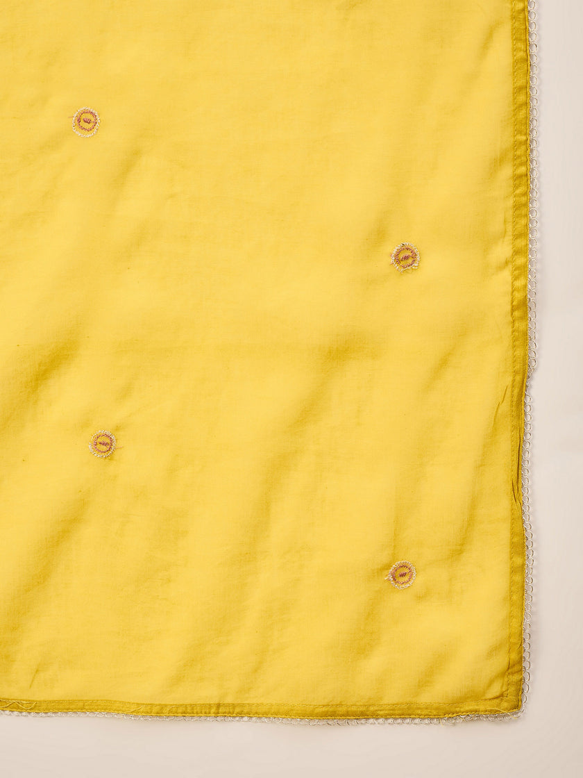 Yellow Pure Cotton Floral Embroidered With Buttons A-Line Kurta Trouser With Dupatta